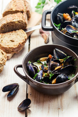 Closeup of freshly cooked mussels at home