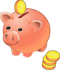 Pink piggy bank, with coins