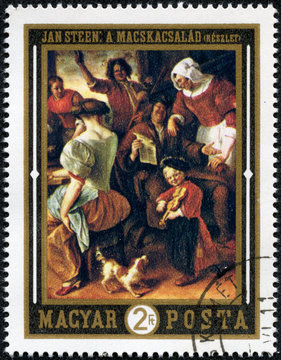 stamp printed by Hungary, shows The Feast, by Jan Steen