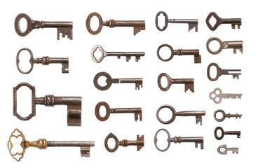 Old Keys over white background with clipping Path (XXXL)