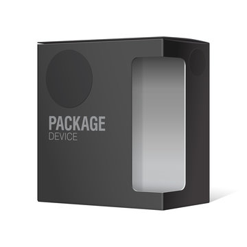 Black Realistic Package Cardboard Box with window.