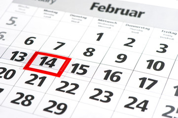 calendar with red mark on 14 February