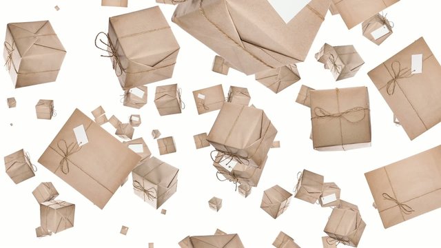 Parcels falling down on white background