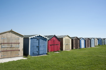 Fototapeta na wymiar Beach huts at Dovercourt, near Harwich, Essex, UK.
