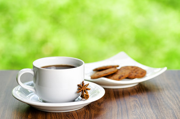 Coffee and oatmeal cookies on nature background