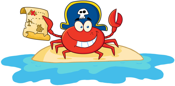 Pirate Crab Holding A Treasure Map On Island