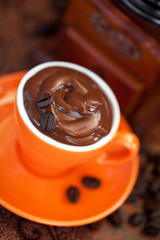 Chocolate mousse in coffee cup, selective focus