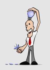 Toon man inserting into his head lightbulb instead of a broken