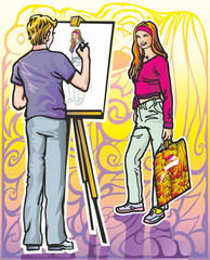 художник рисует девушку