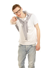 Fototapeta premium Closeup of a man pointing at you, isolated on white background