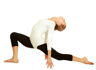 Naklejka premium Gymnast girl in flexible back pose, isolated on white background