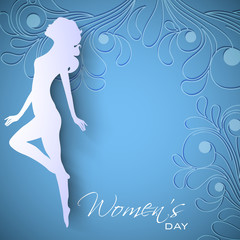 Happy Women's Day greeting card or background with white silhoue