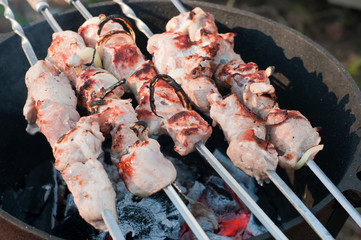 Shish kebab preparation on a brazier