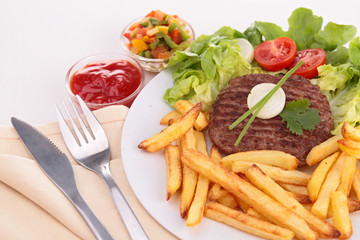 beefsteak with lettuce and fries