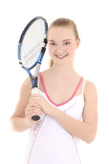 portrait of young sporty woman with tennis racket