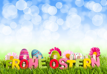 Frohe Ostern mit blauen Bokeh
