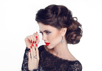 Fashion Portrait Of Beautiful Girl with red nails and lips. Vogu