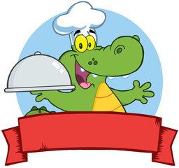 Crocodile Chef Holding A Platter Over A Blank Banner