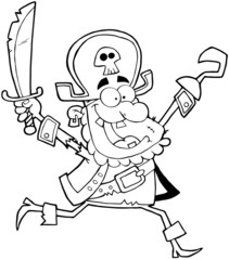 Outlined Running Pirate Holding Up A Sword And Hook