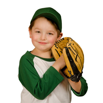 Cute young baseball or t-ball player isolated on white
