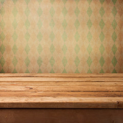 Background with wooden deck and retro wallpaper