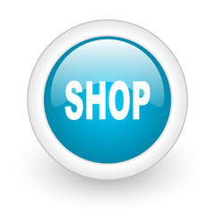 shop blue circle glossy web icon on white background