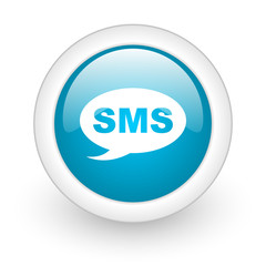 sms blue circle glossy web icon on white background