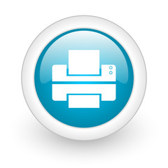 printer blue circle glossy web icon on white background
