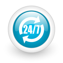 24/7 service blue circle glossy web icon on white background