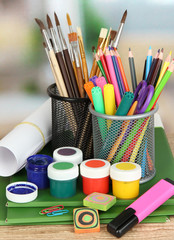 School supplies on wooden table