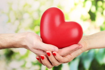 Fototapeta na wymiar Red heart in woman and man hands, on green background