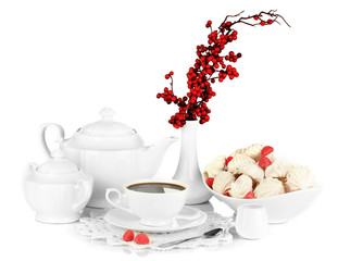 Beautiful white dinner service with an air meringues isolated
