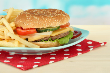 Tasty cheeseburger with fried potatoes, on bright background