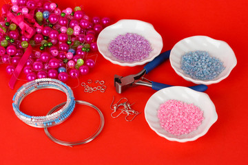 Set for needlework on red background