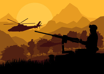 Fototapeta na wymiar ¯ołnierz armii helikoptery, pistolety i transportu w dzikiej d
