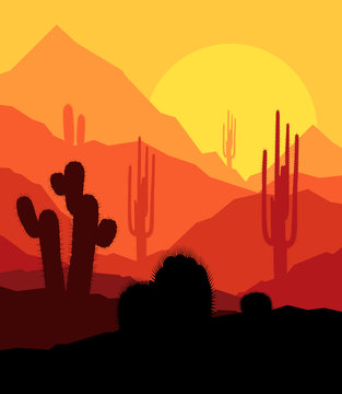 Cactus plants in desert sunset vector background