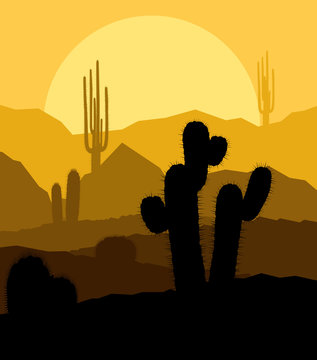 Cactus plants in desert sunset vector background