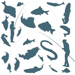 Fisherman and fishes vector background