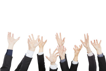 hands up group of business people isolated on white