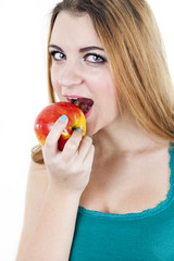 Beauty portrait of attractive girl with apple, isolated on white
