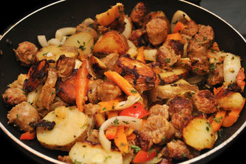 Cooked Sausage, Onions, Potatoes, and Peppers