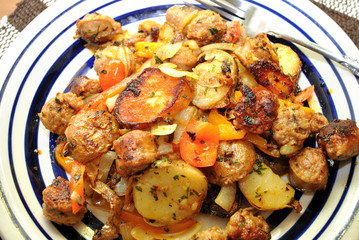 Close-up of Fried Potatoes and Sausage