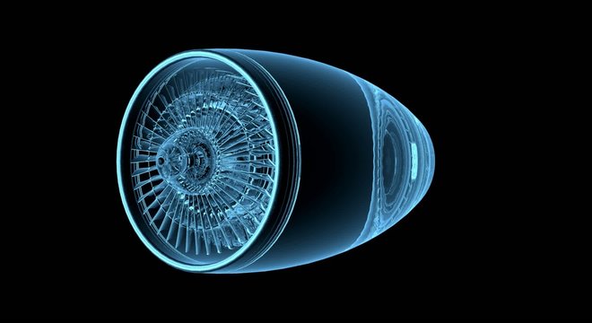 Jet engine (3D x-ray blue transparent isolated on black)