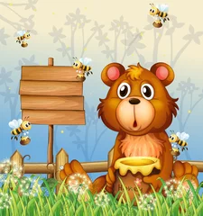 Gordijnen Een beer en bijen in de buurt van een bewegwijzering © GraphicsRF