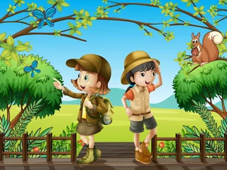 Photo sur Plexiglas Papillon Une fille et un garçon au pont en bois