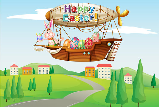 An airship with an easter greeting passing at the road