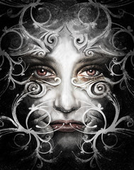 Illustration sketch of  woman with arabesque mask, made with dig