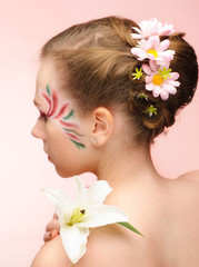 beauty flower girl on the pink background
