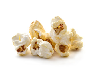 handful of popcorn on a white background.