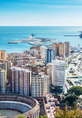 View over Bull Ring and Harbour, Malaga, Andalusia, Spain